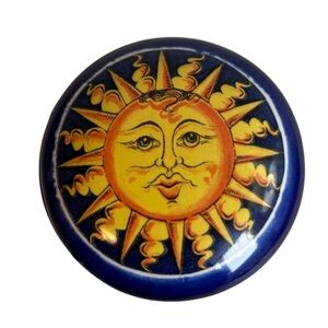 Vietri Italian Pottery Small Lidded Blue Yellow Face Sun Trinket Dish Celestial
